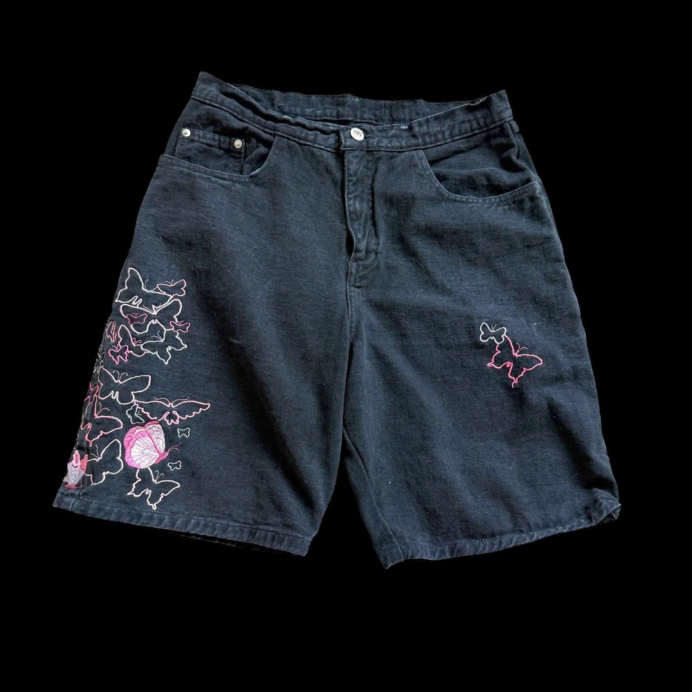 Vintage 70's Black Denim Butterfly Embroidered High Waisted Shorts Pink 30 Waist